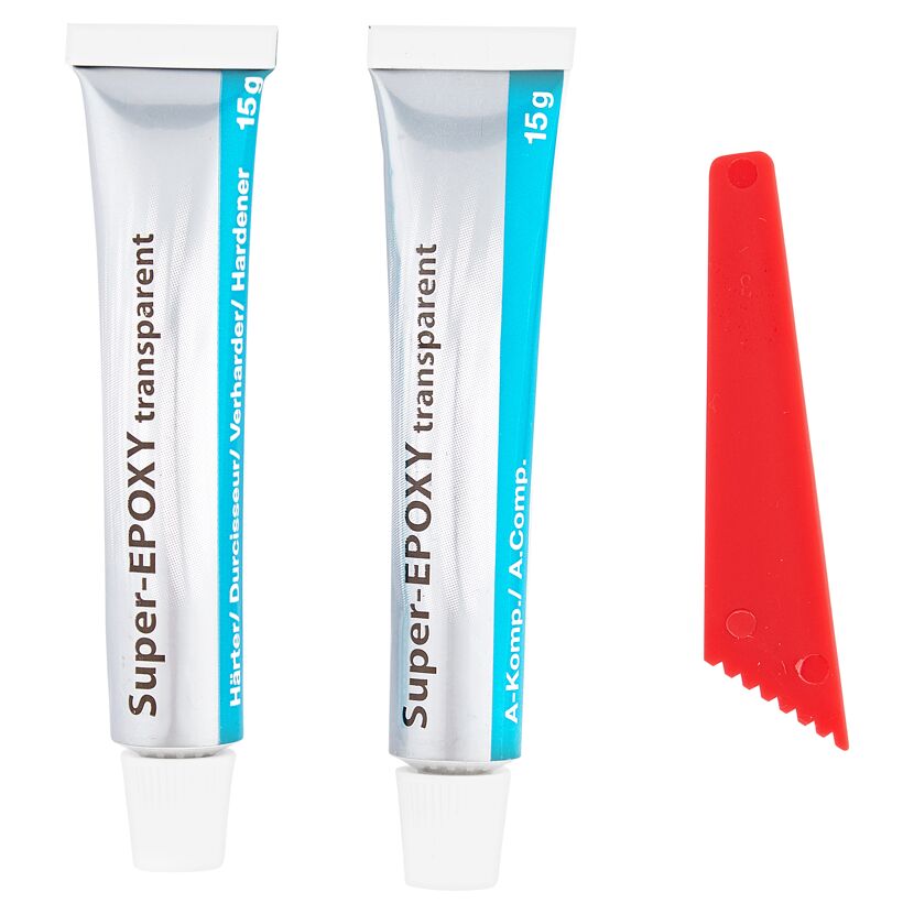 Zwei Tuben Super-Epoxy transparent und ein roter Spatel