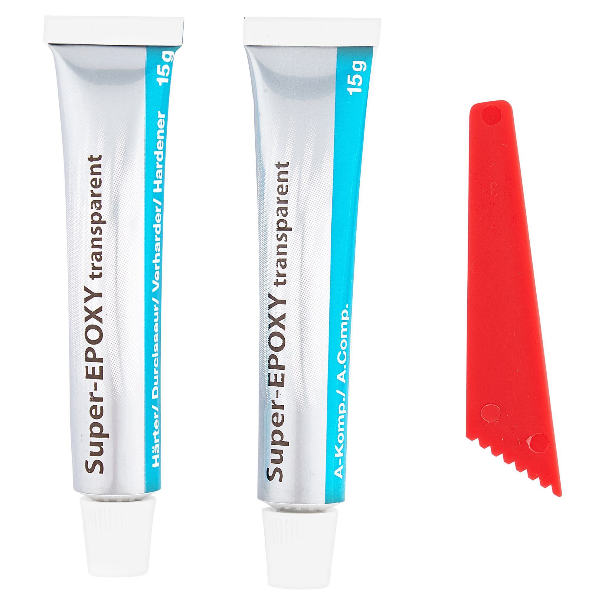 Zwei Tuben Super-Epoxy transparent und ein roter Spatel