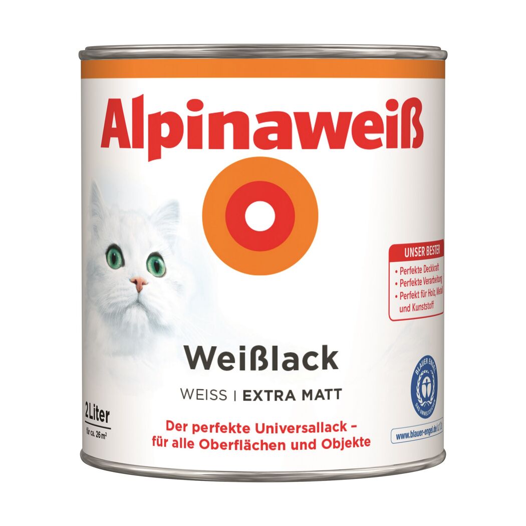 Weiße Farbdose Alpinaweiß mit weißer Katze
