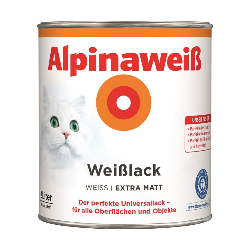 Weiße Farbdose Alpinaweiß mit weißer Katze