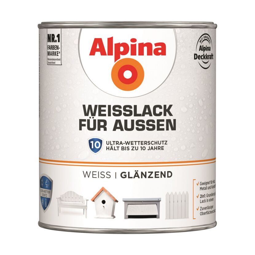 Alpina Weißlack für außen, glänzend, in weißer Dose