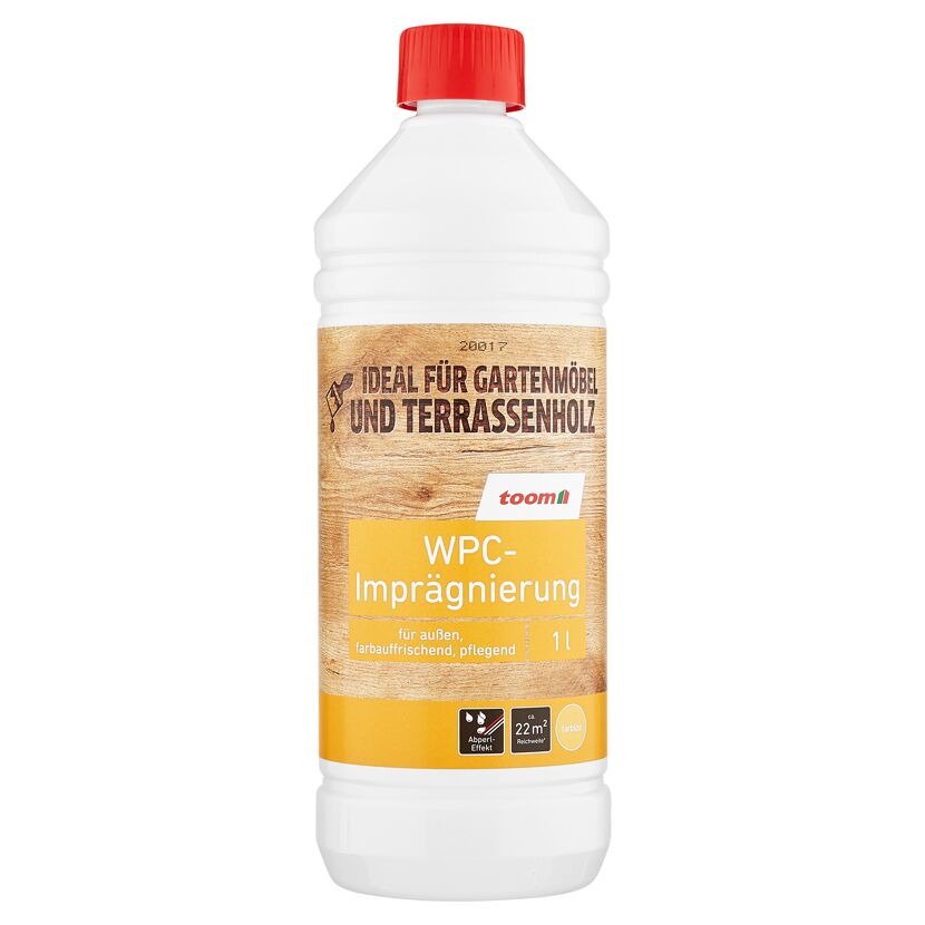 WPC-Imprägnierung von toom in einer weißen Flasche mit rotem Deckel.