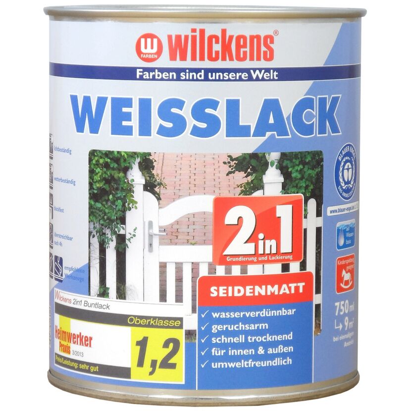 Weißlack-Dose von Wilckens mit einem Bild eines weißen Zauns