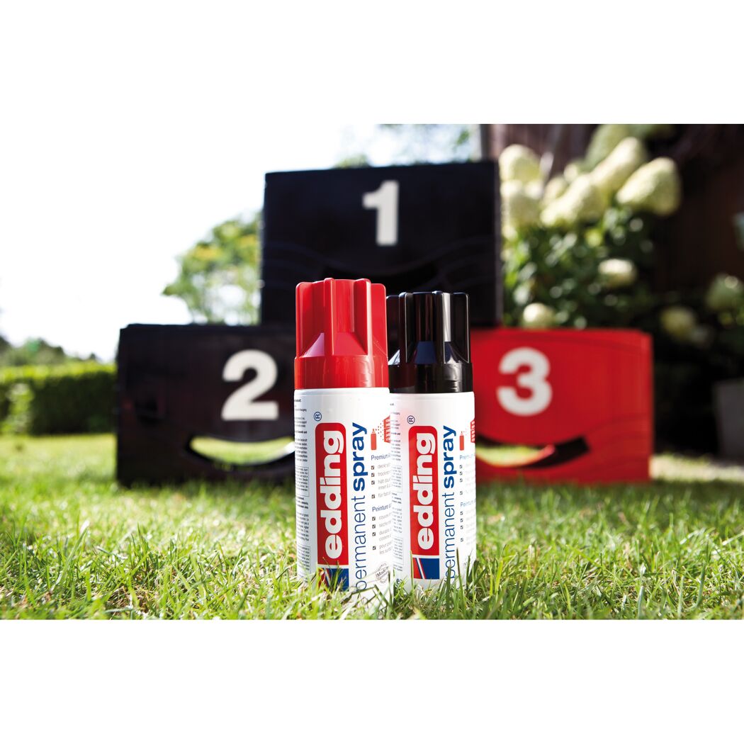 Zwei Dosen edding Permanent Spray rot und schwarz
