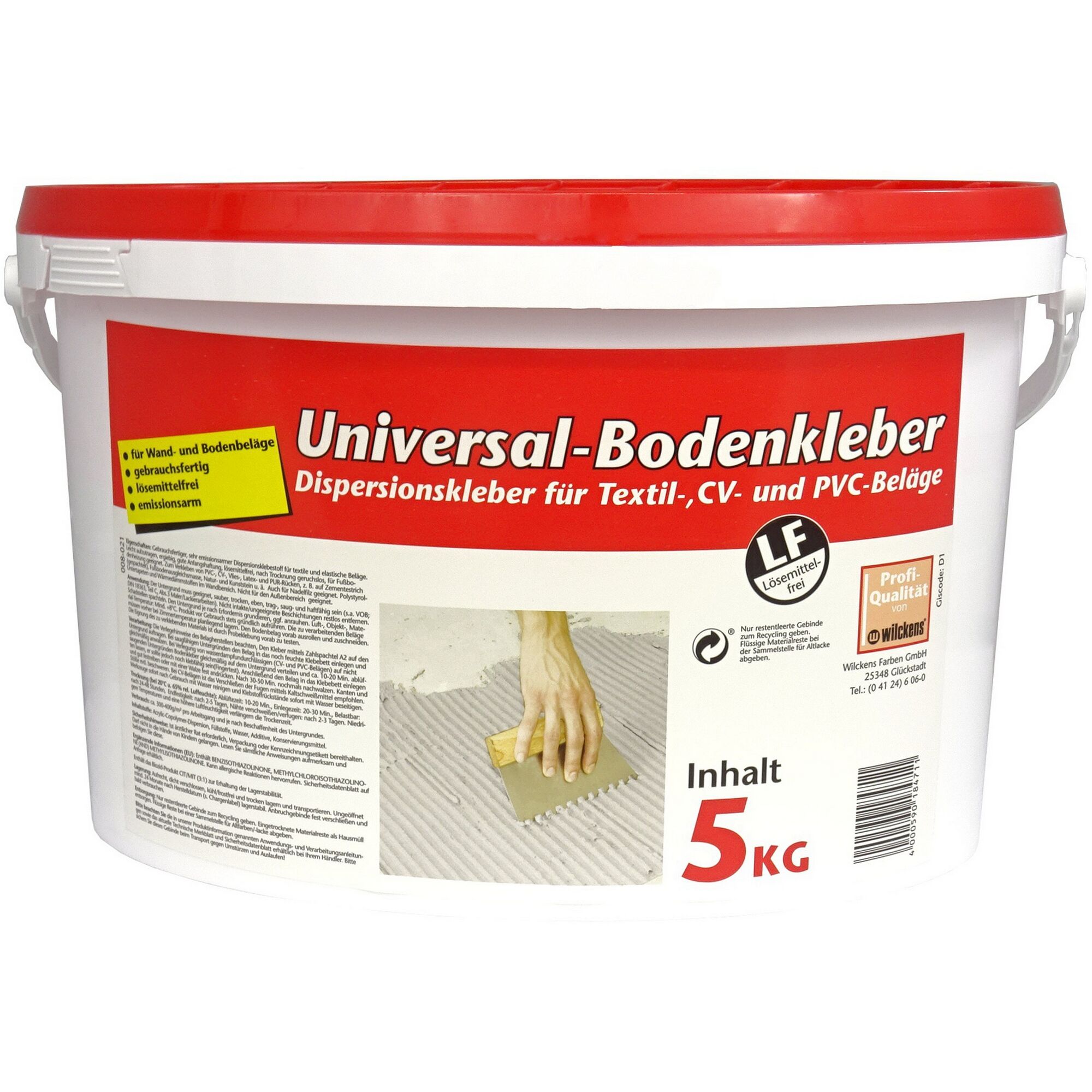 Eimer mit Universal-Bodenkleber und Spachtel