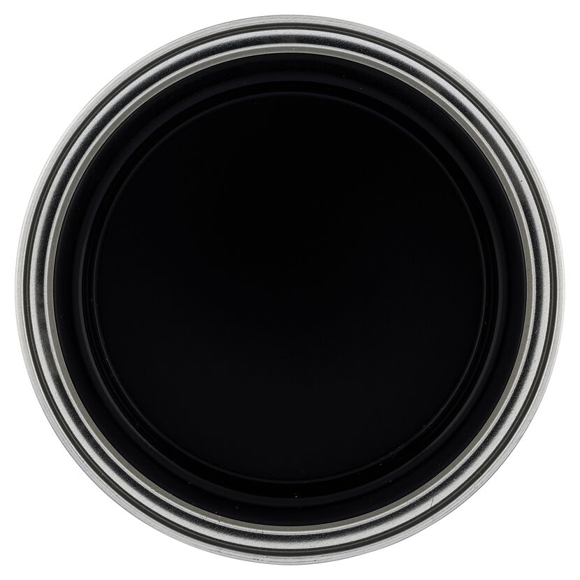 Offene Farbdose mit schwarzer Farbe
