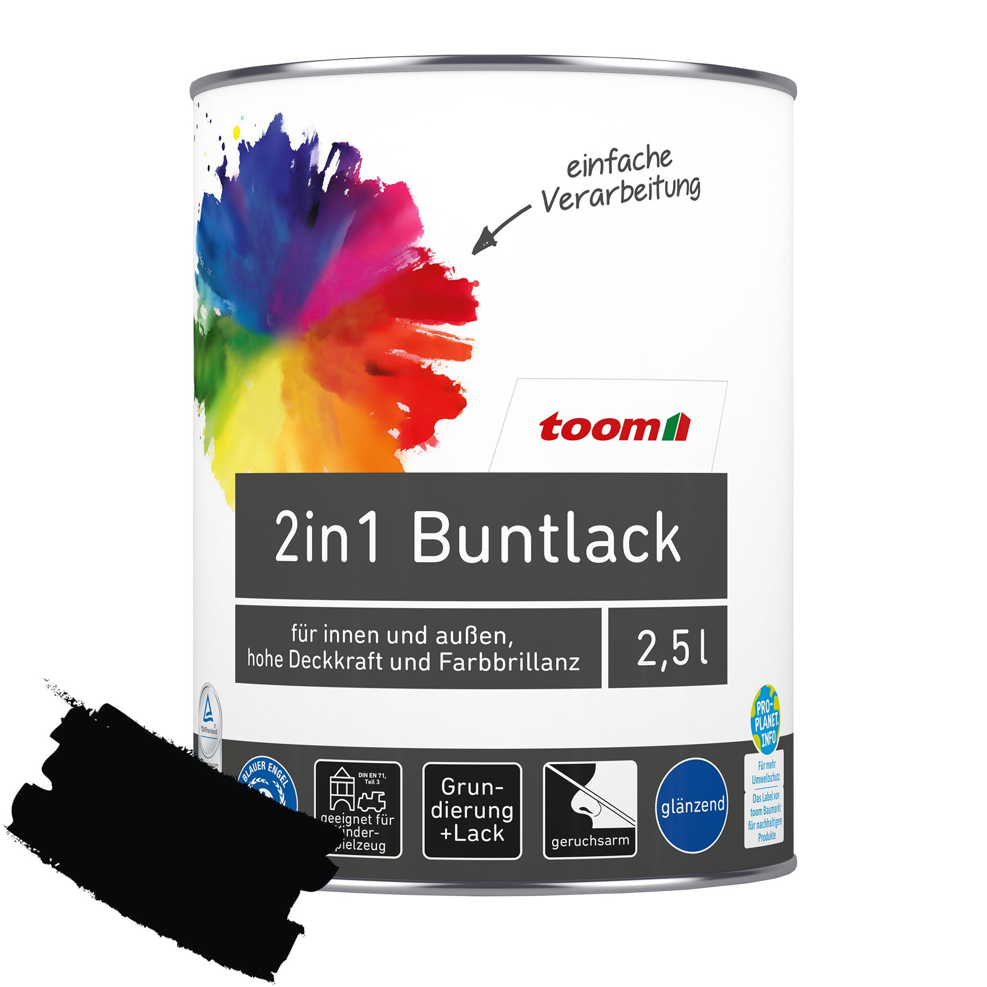 toom 2in1 Buntlack, glänzend, schwarz, 2,5 l