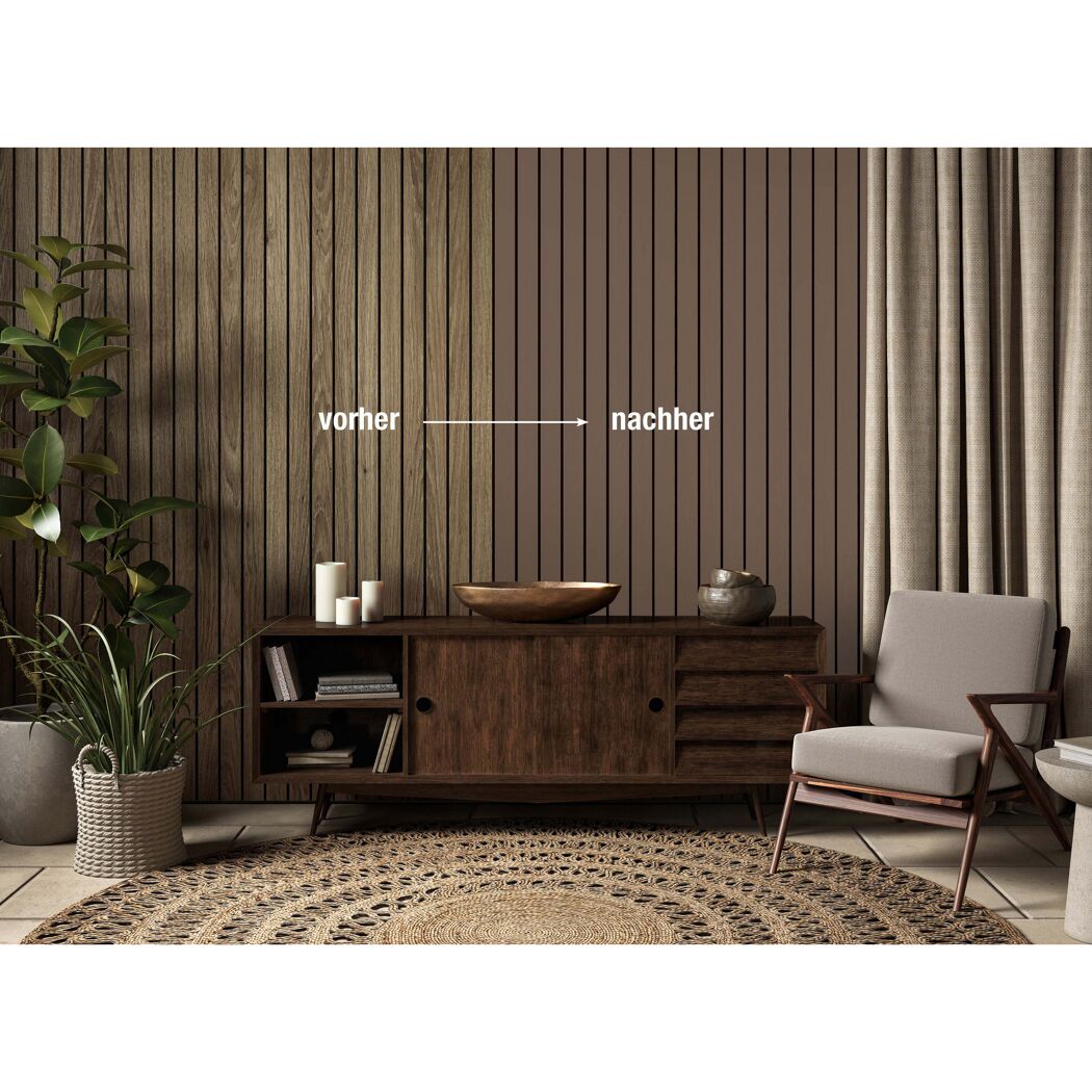 Vorher-Nachher-Bild einer Wandvertäfelung in Holzoptik