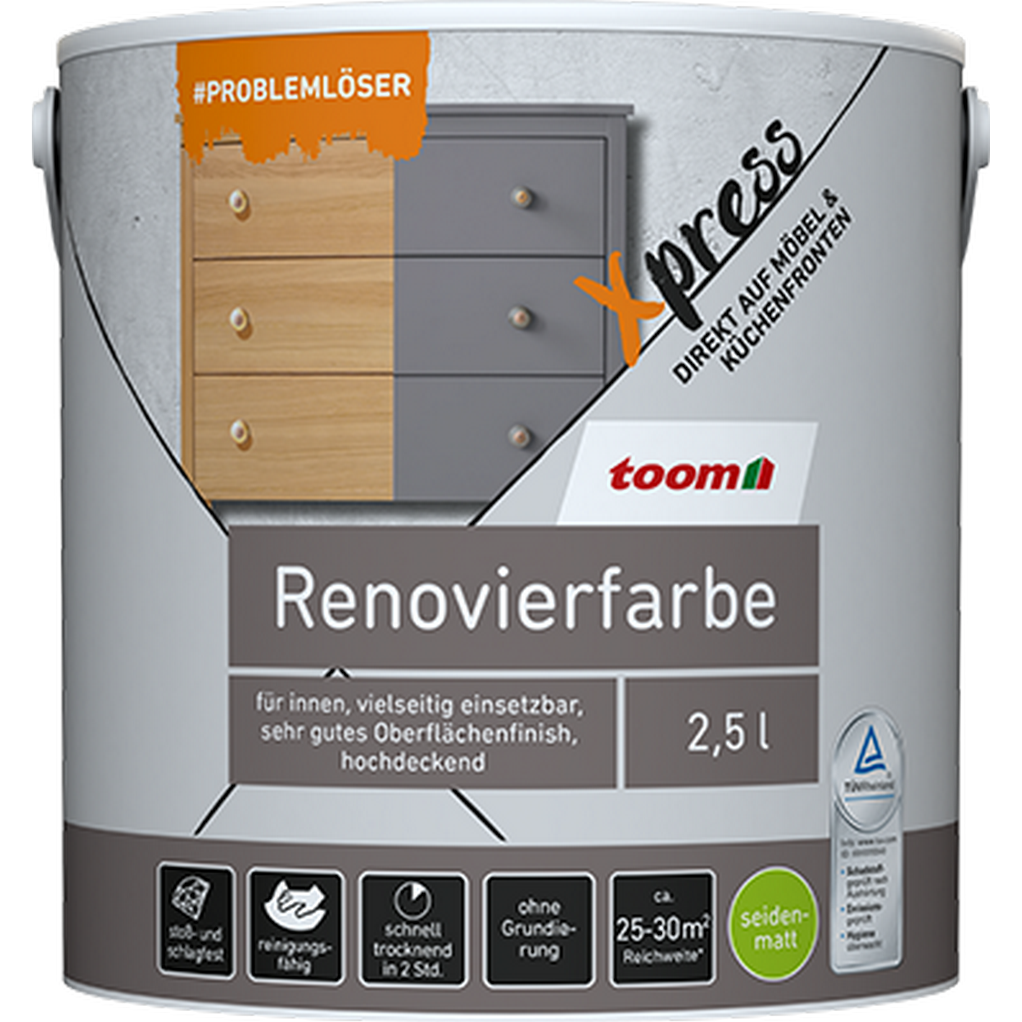 toom Renovierfarbe für Möbel- und Küchenfronten weiß seidenmatt 2,5 l