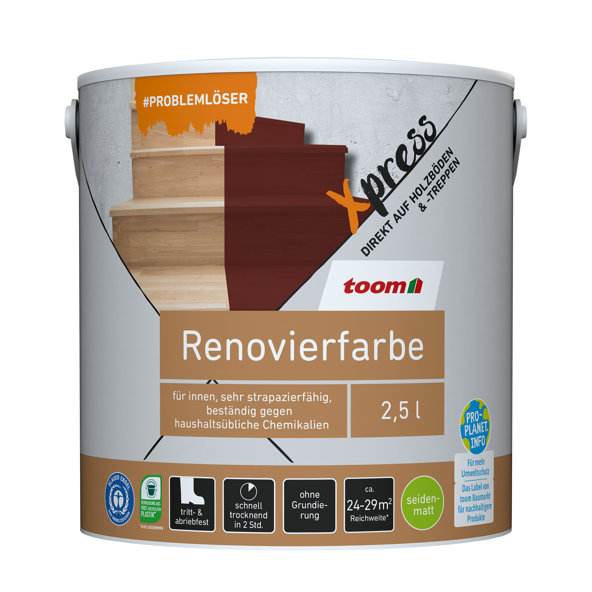 toom Renovierfarbe für Holzböden- und Treppen betongrau seidenmatt 2,5 l