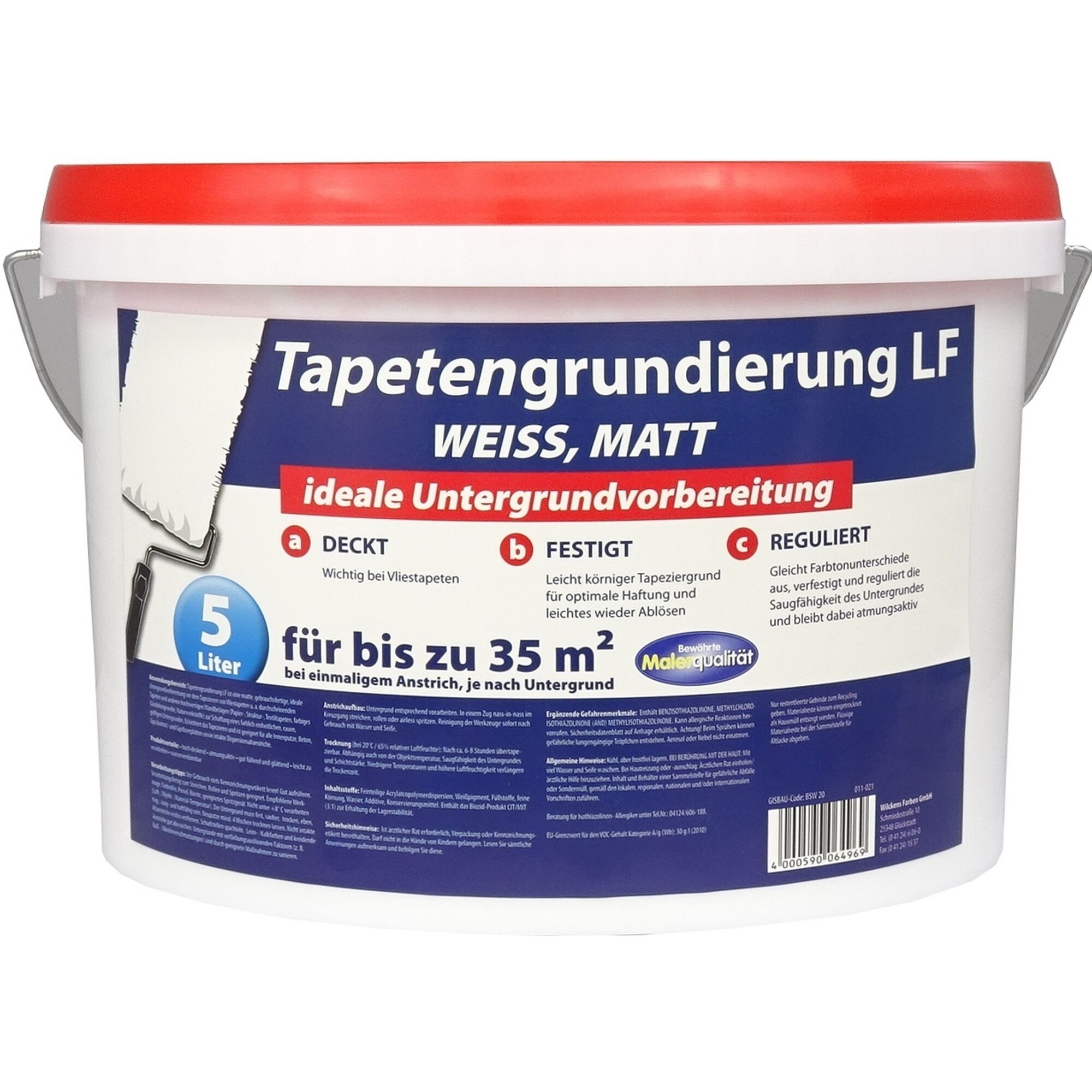 Weißer Eimer Tapetengrundierung mit Farbrolle.