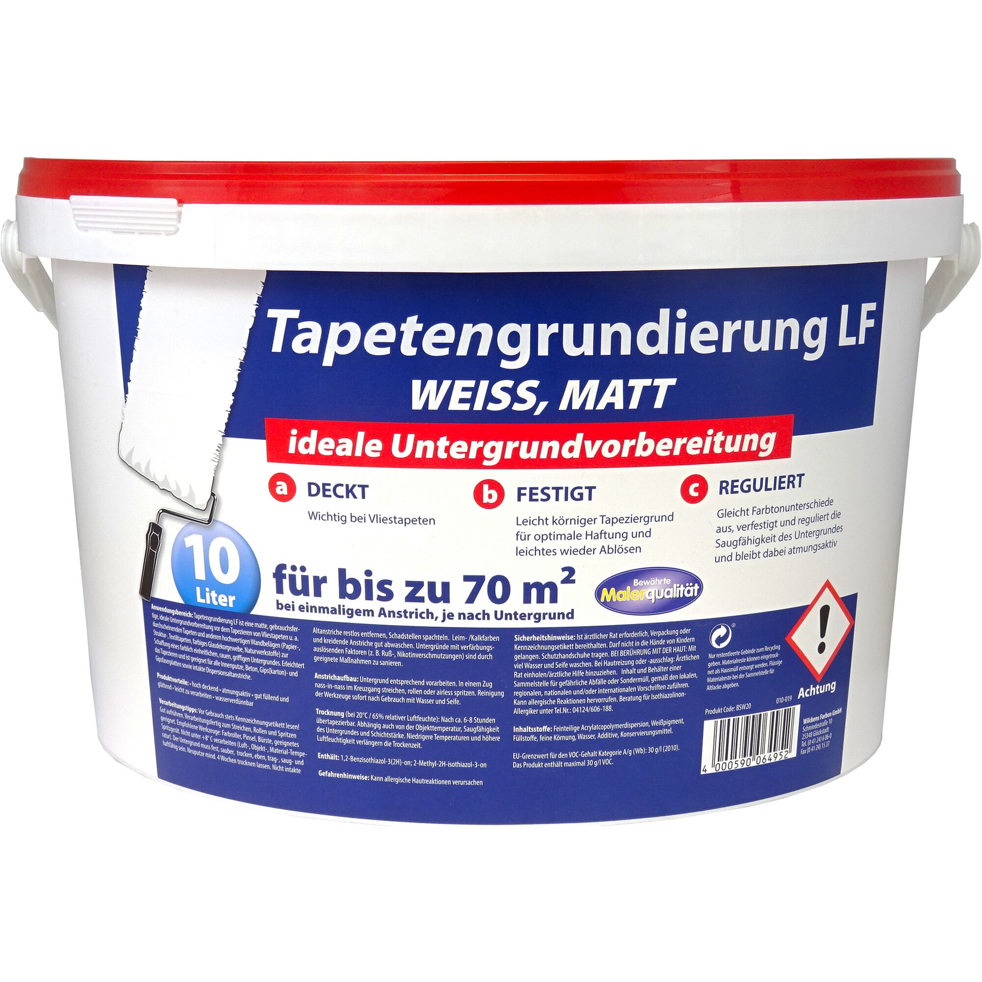 Eimer mit weißer Tapetengrundierung und Farbrolle