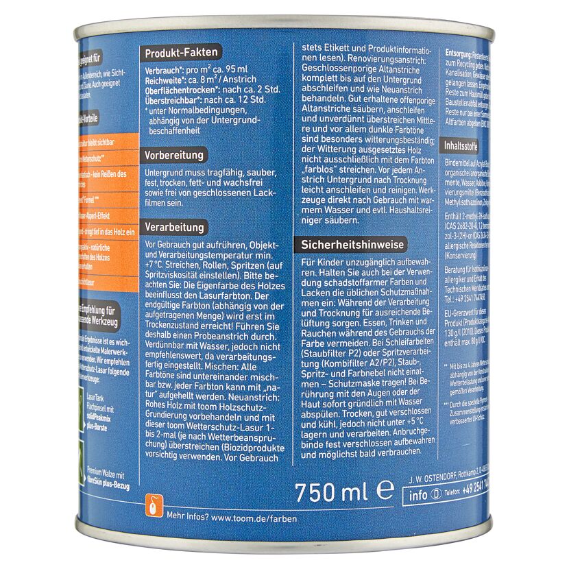 750 ml Dose toom Wetterschutz-Lasur Kastanie