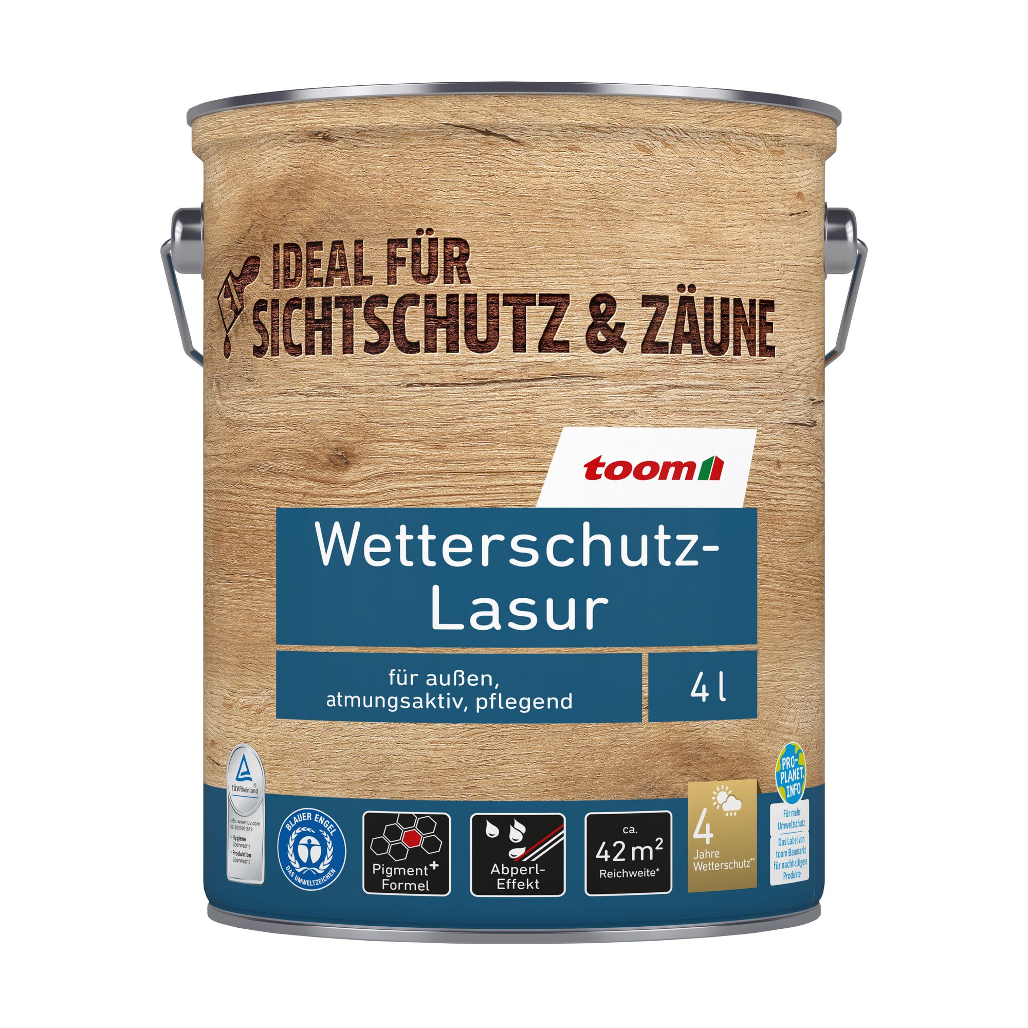 Wetterschutz-Lasur von toom im 4-Liter-Eimer.