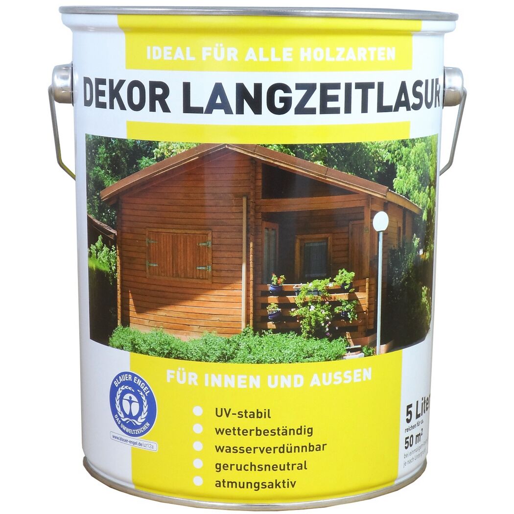 Dose Dekor-Langzeitlasur und Anwendung an Holzhaus