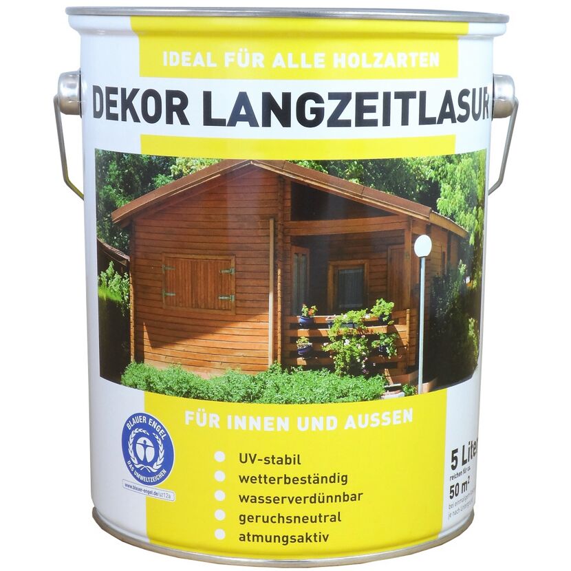 Dose Dekor-Langzeitlasur und Anwendung an Holzhaus