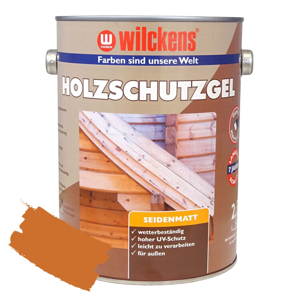 Wilckens Holzschutzgel in Kiefer auf einem Holzeimer.