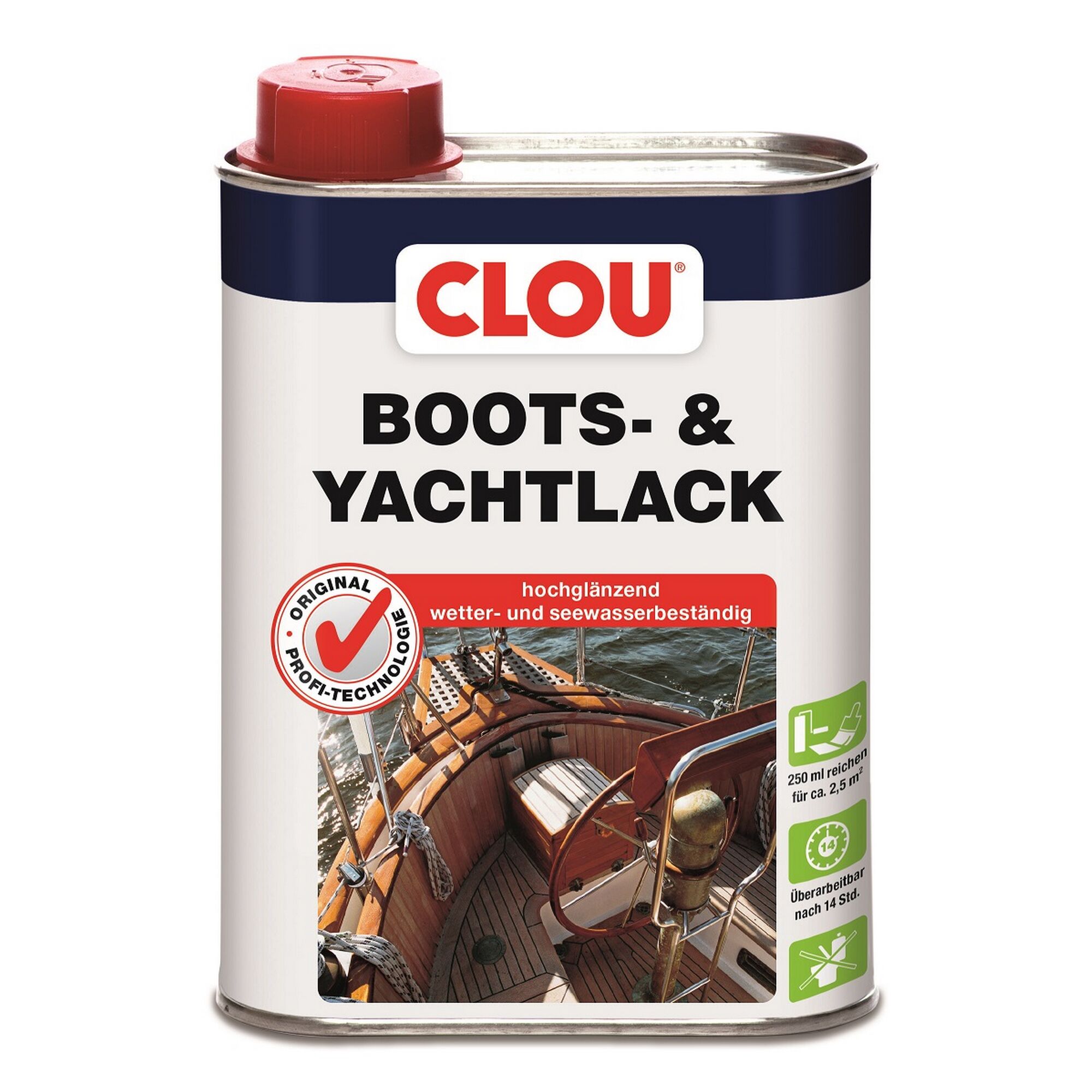 Clou Boots- und Yachtlack, Dose mit Abbildung einer Yacht