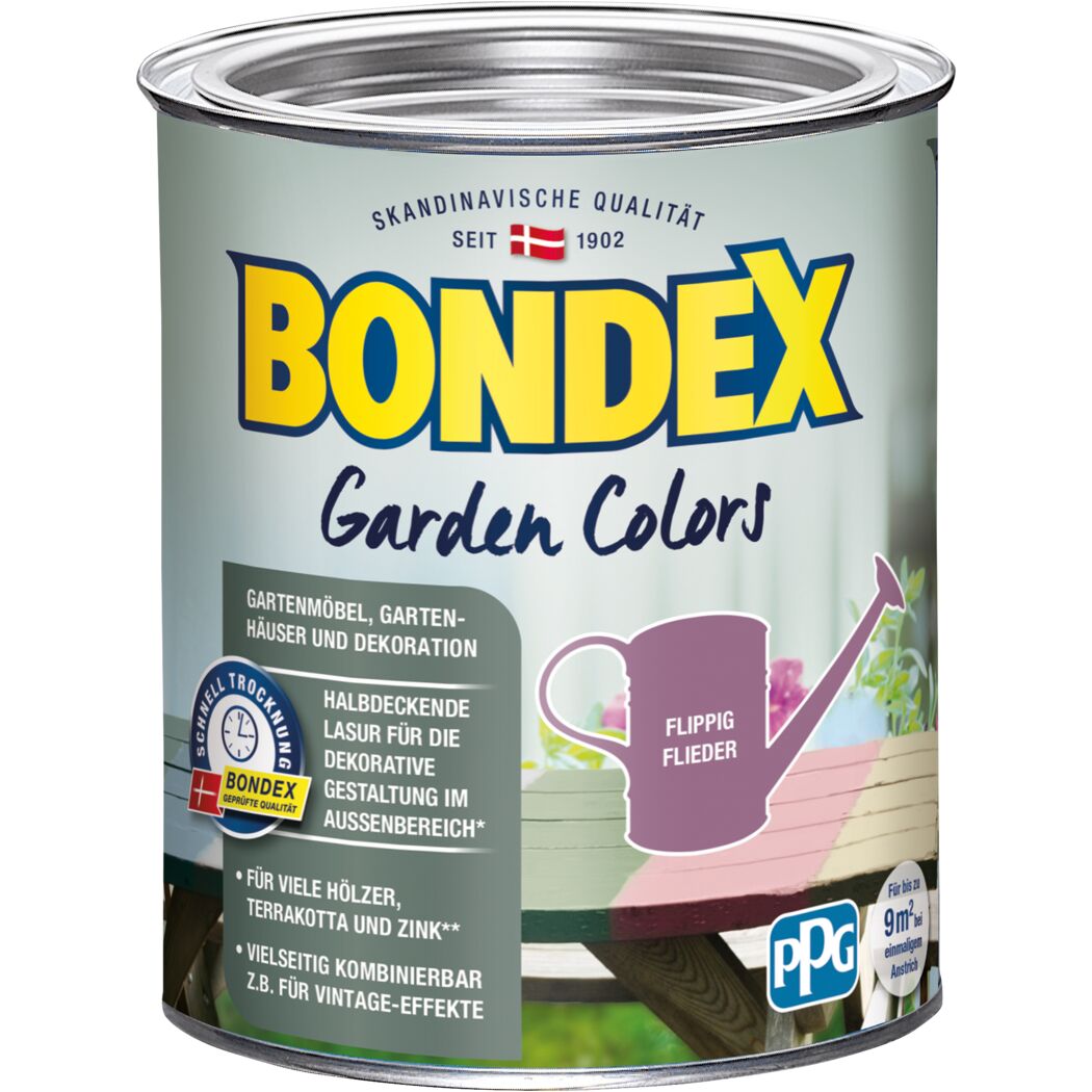 Bondex Garden Colors Flieder, Dose und gestrichener Gartentisch