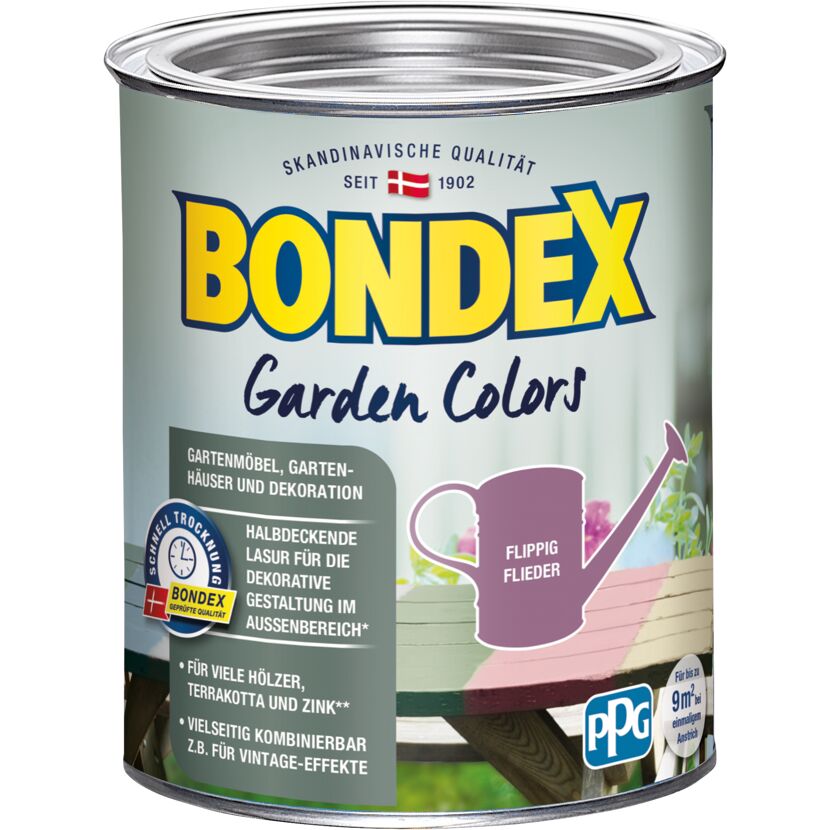 Bondex Garden Colors Flieder, Dose und gestrichener Gartentisch