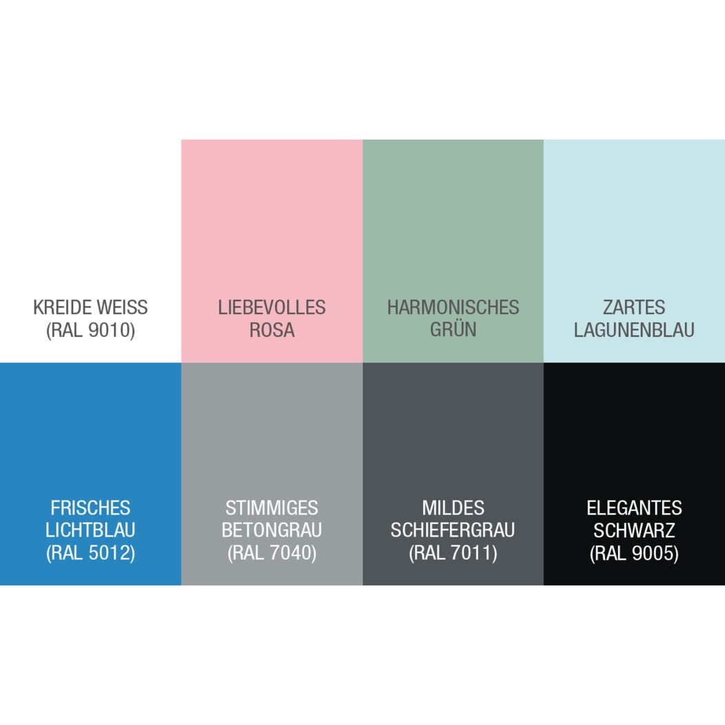 Farbpalette mit acht Farben und RAL-Nummern.