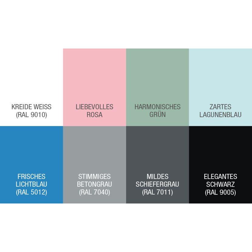 Farbpalette mit acht Farben und RAL-Nummern.