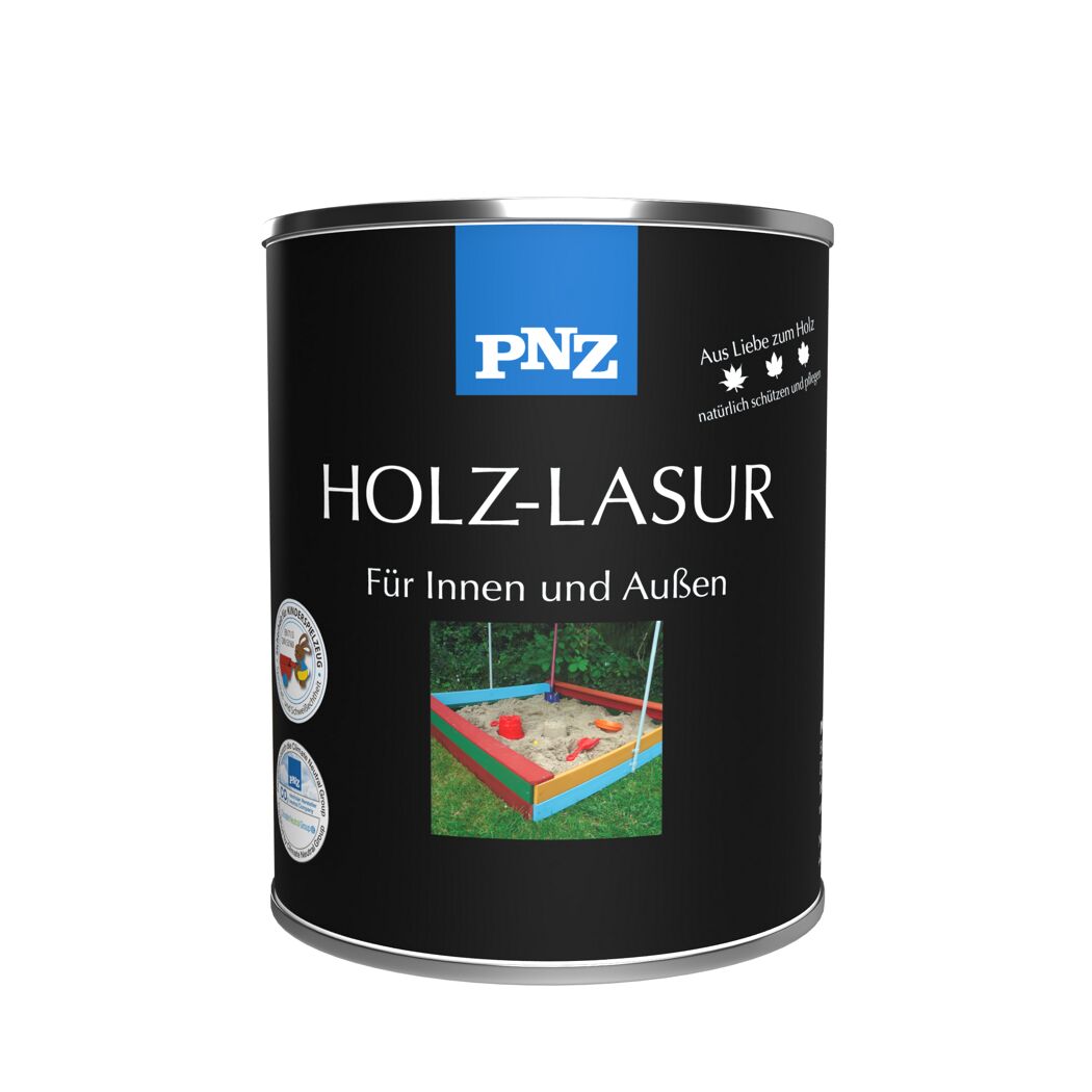 PNZ Holz-Lasur für Innen und Außen, Dose und Beispielanwendung