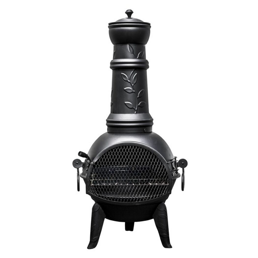 Schwarze Feuerstelle mit Grillrost und Deckel