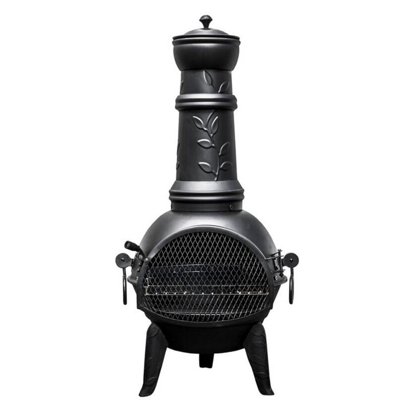 Schwarze Feuerstelle mit Grillrost und Deckel