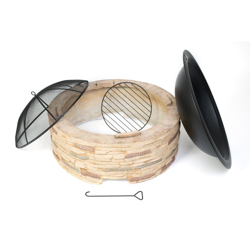 Feuerstelle Steinoptik braun mit Abfanggitter Stahl 90 x 90 x 51 cm