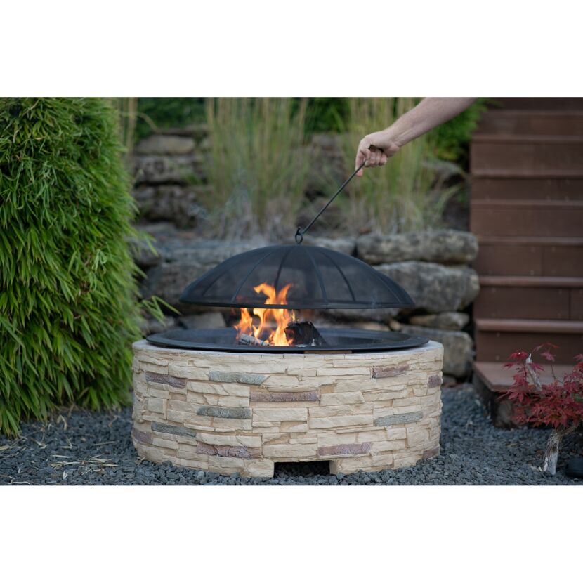 Feuerstelle Steinoptik braun mit Abfanggitter Stahl 90 x 90 x 51 cm