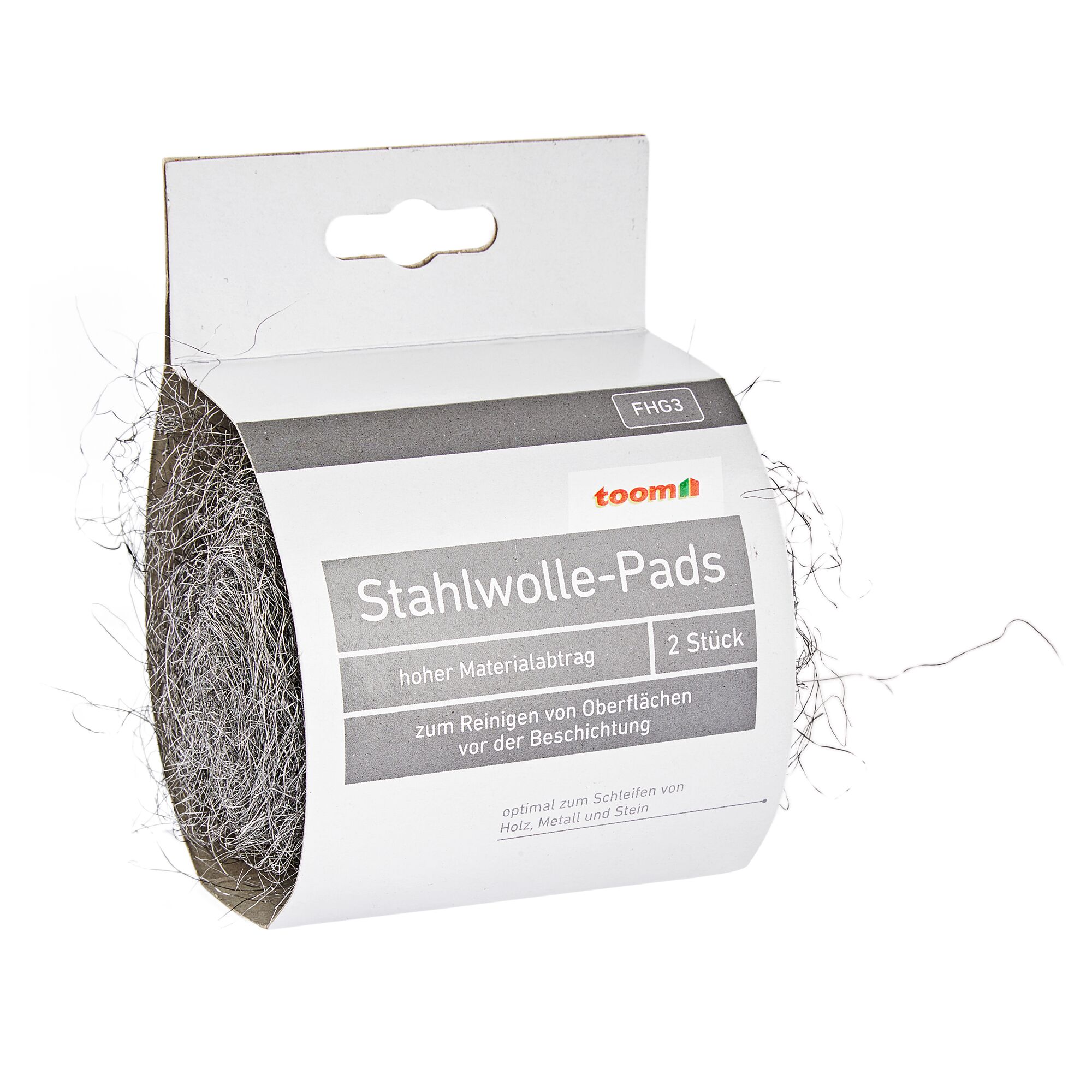 Zwei Stahlwolle-Pads von toom in Verkaufsverpackung