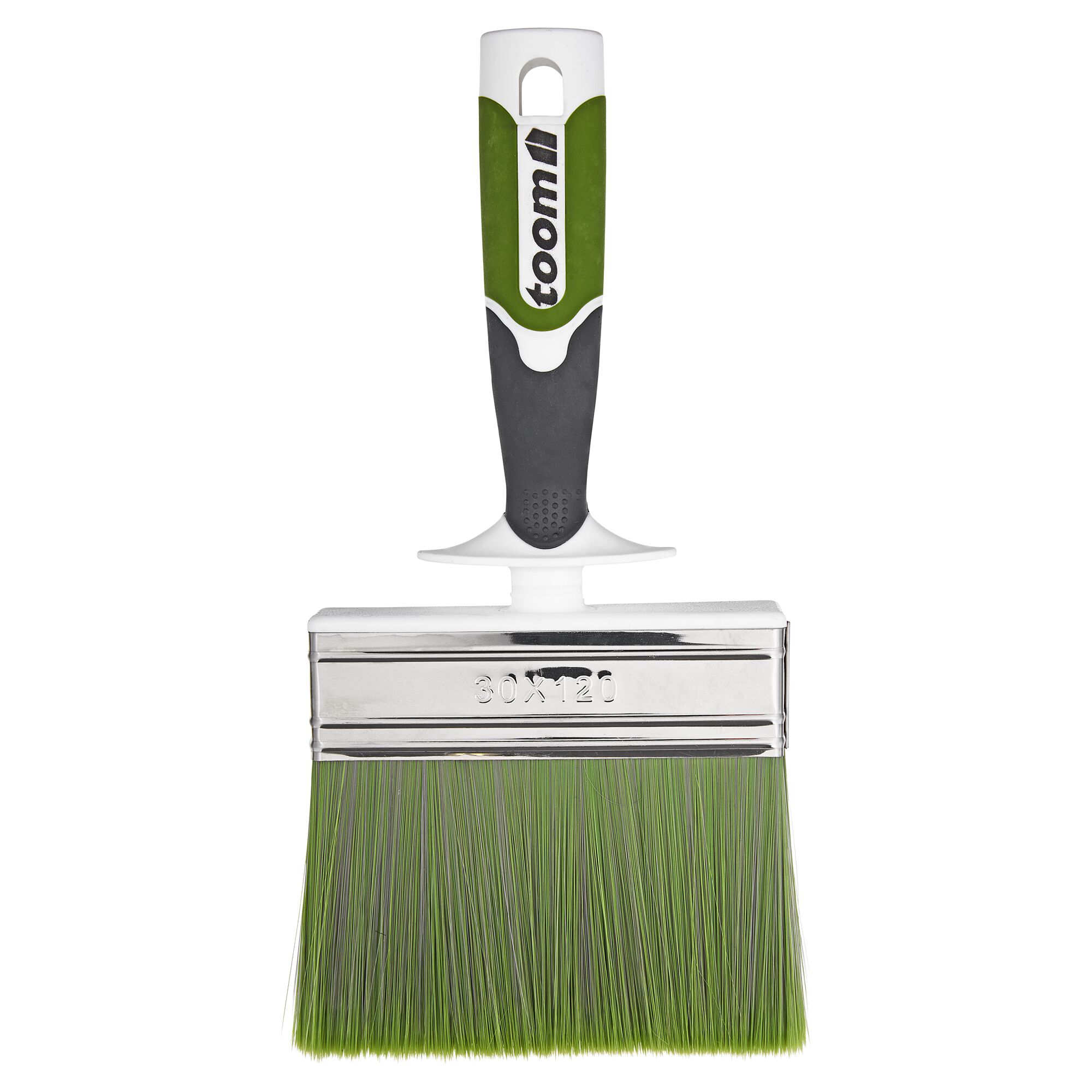 Flachpinsel von toom mit grünen Borsten und weißem Griff.