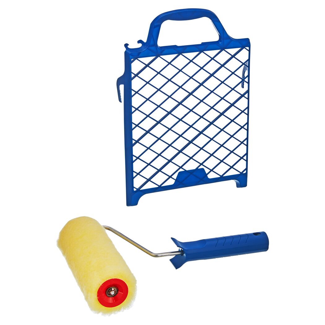 Blaue Farbrolle und Abstreifgitter