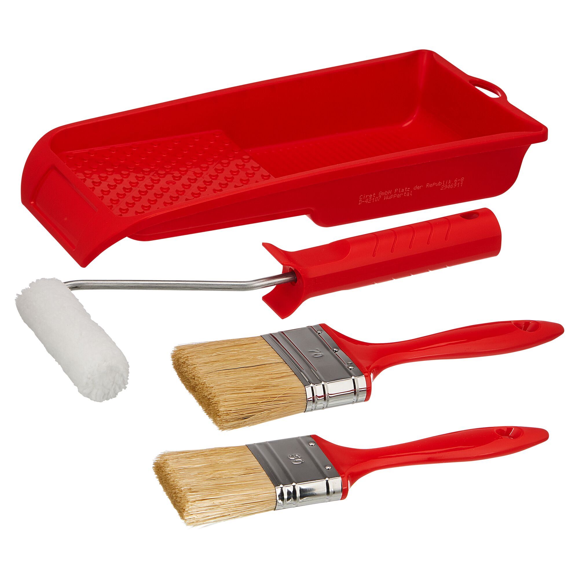Rotes Farbroller-Set mit zwei Pinseln und Farbwanne