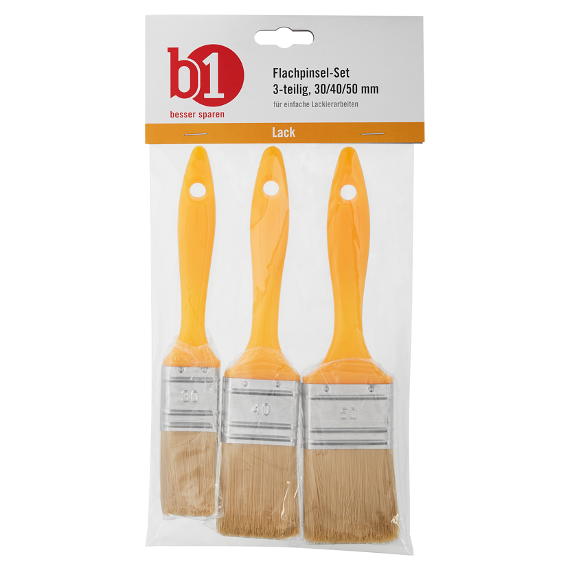 Drei Flachpinsel mit orangen Griffen in Plastikverpackung