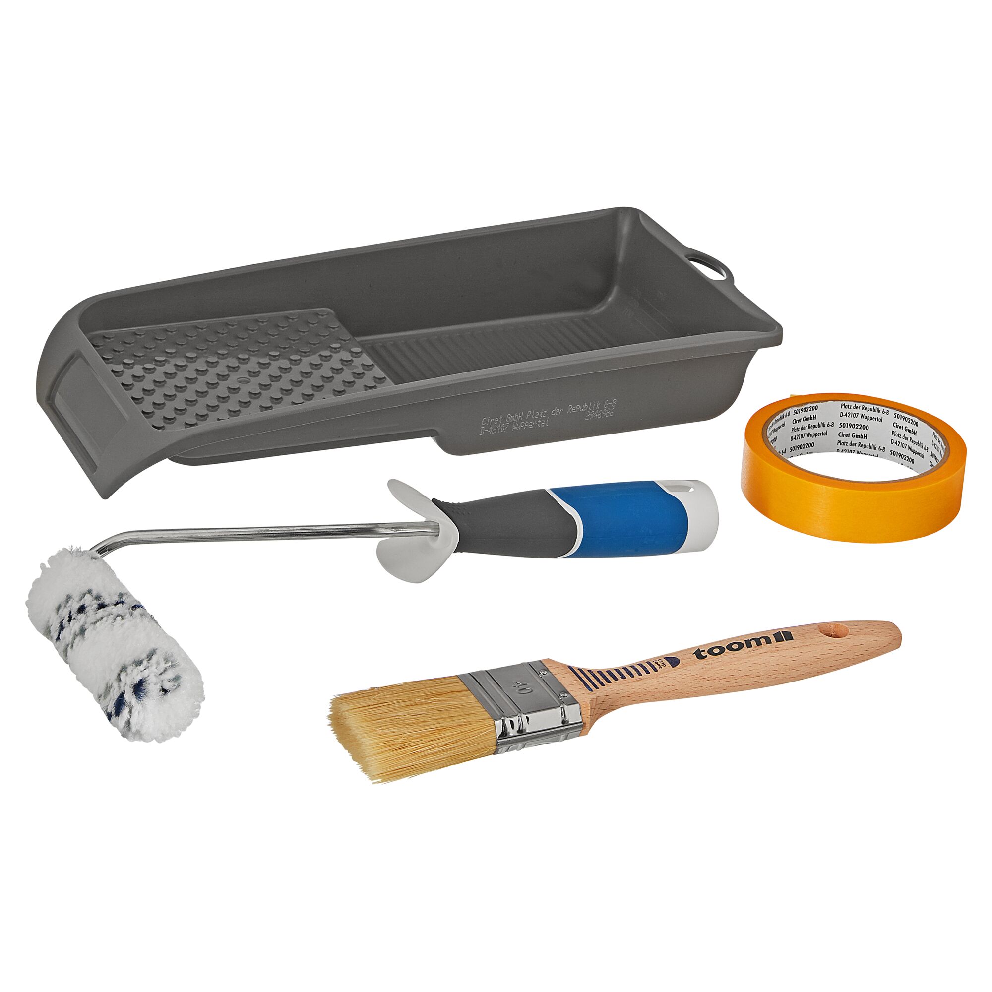 5-teiliges Malerset mit Farbrolle, Pinsel und Abstreifgitter