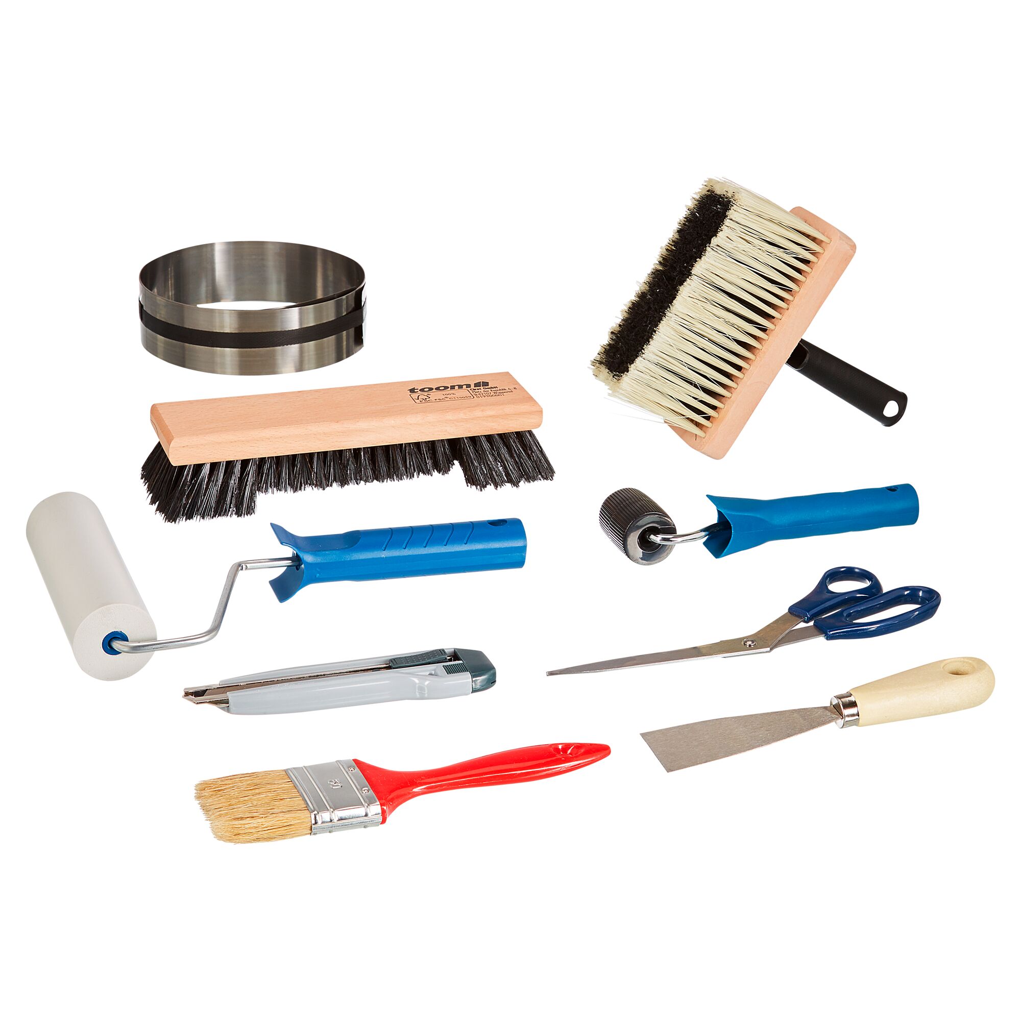 Werkzeuge zum Tapezieren: Pinsel, Rolle, Cutter, Schere, Spachtel