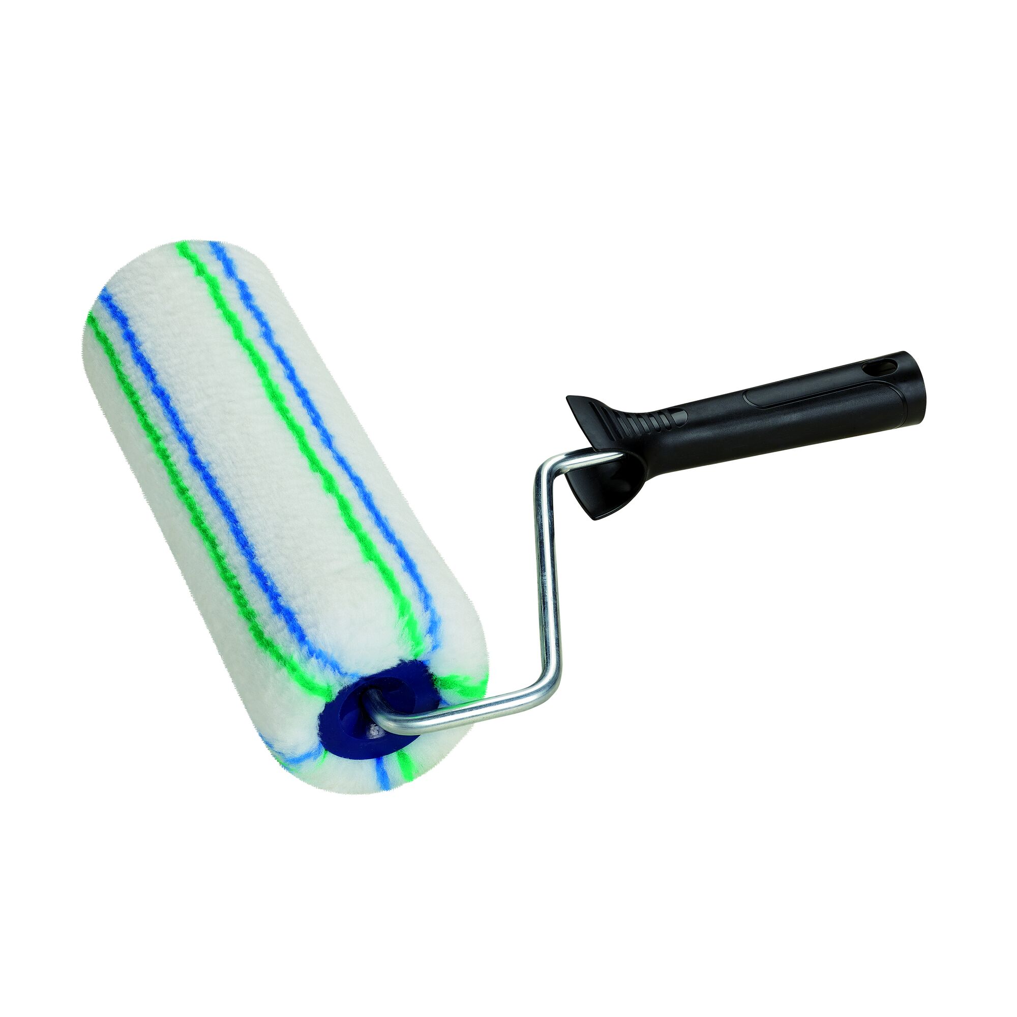 Fassadenrolle mit blau-grünen Streifen und schwarzem Griff