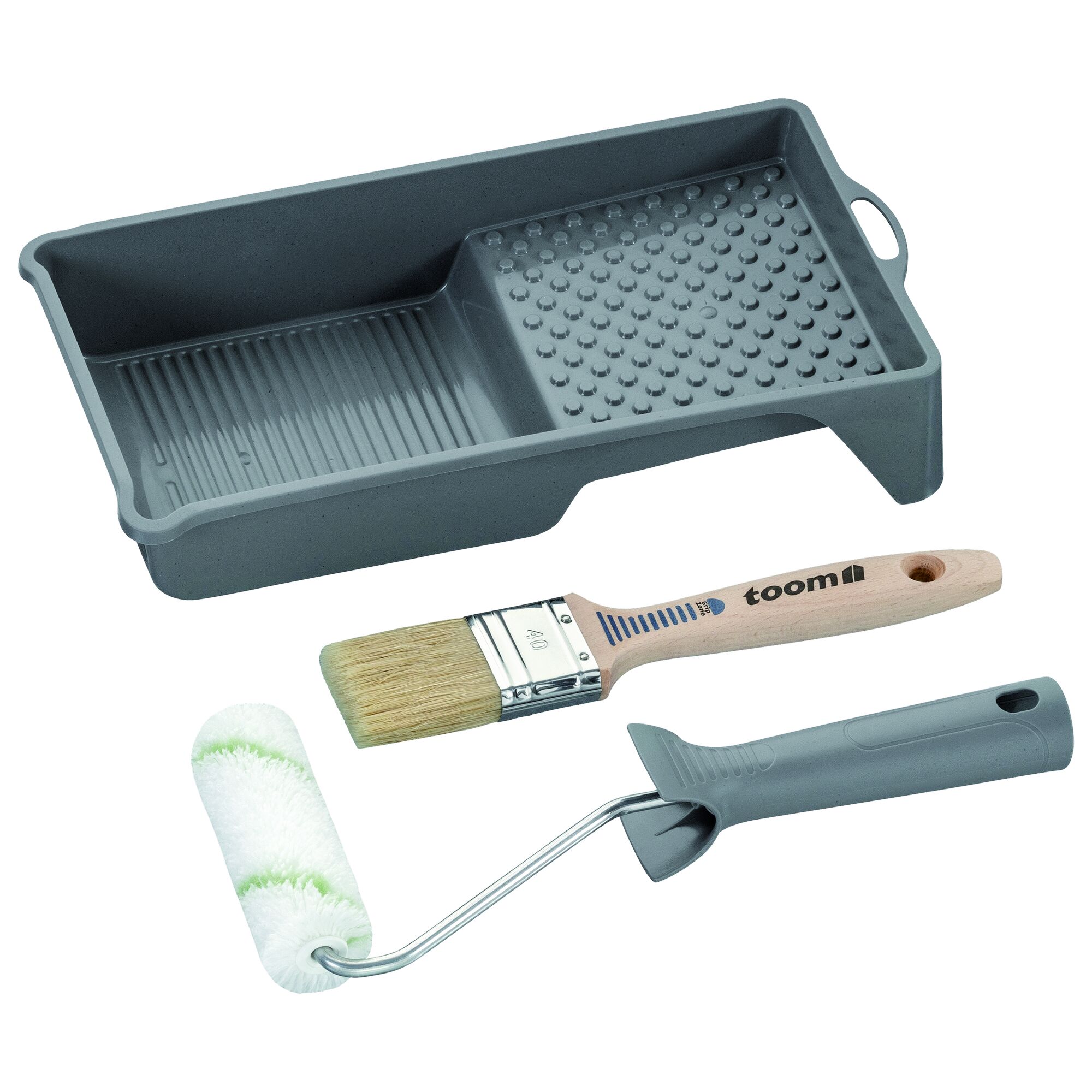 4-tlg. ECO Set Beige FSC toom: Farbwanne, Farbrolle, Pinsel und Abstreifgitter