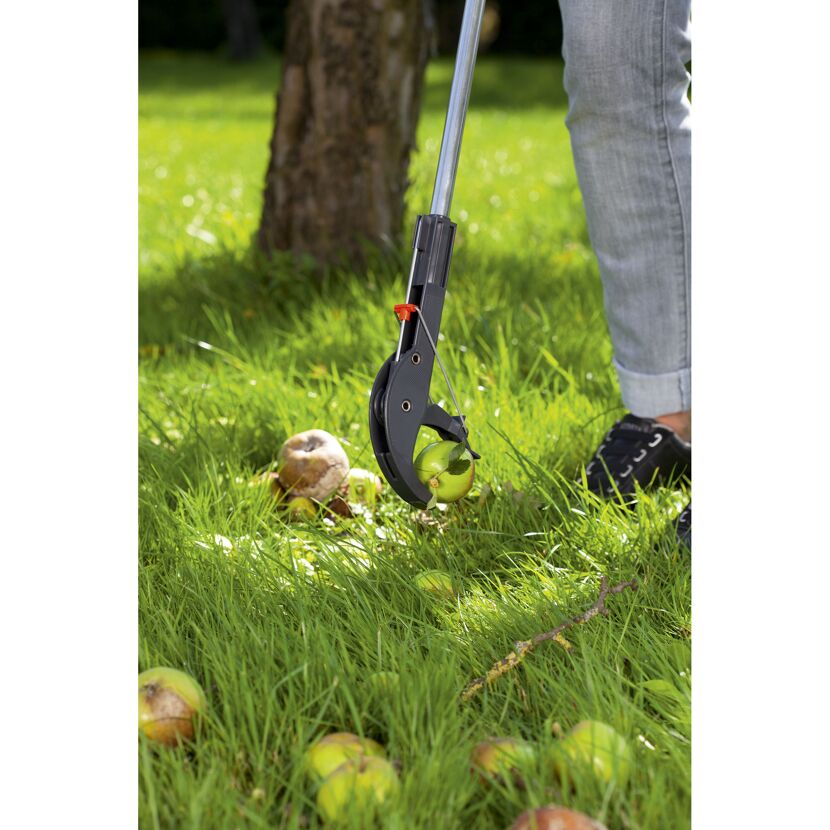 Person hebt mit einem Abfallgreifer einen Apfel auf.