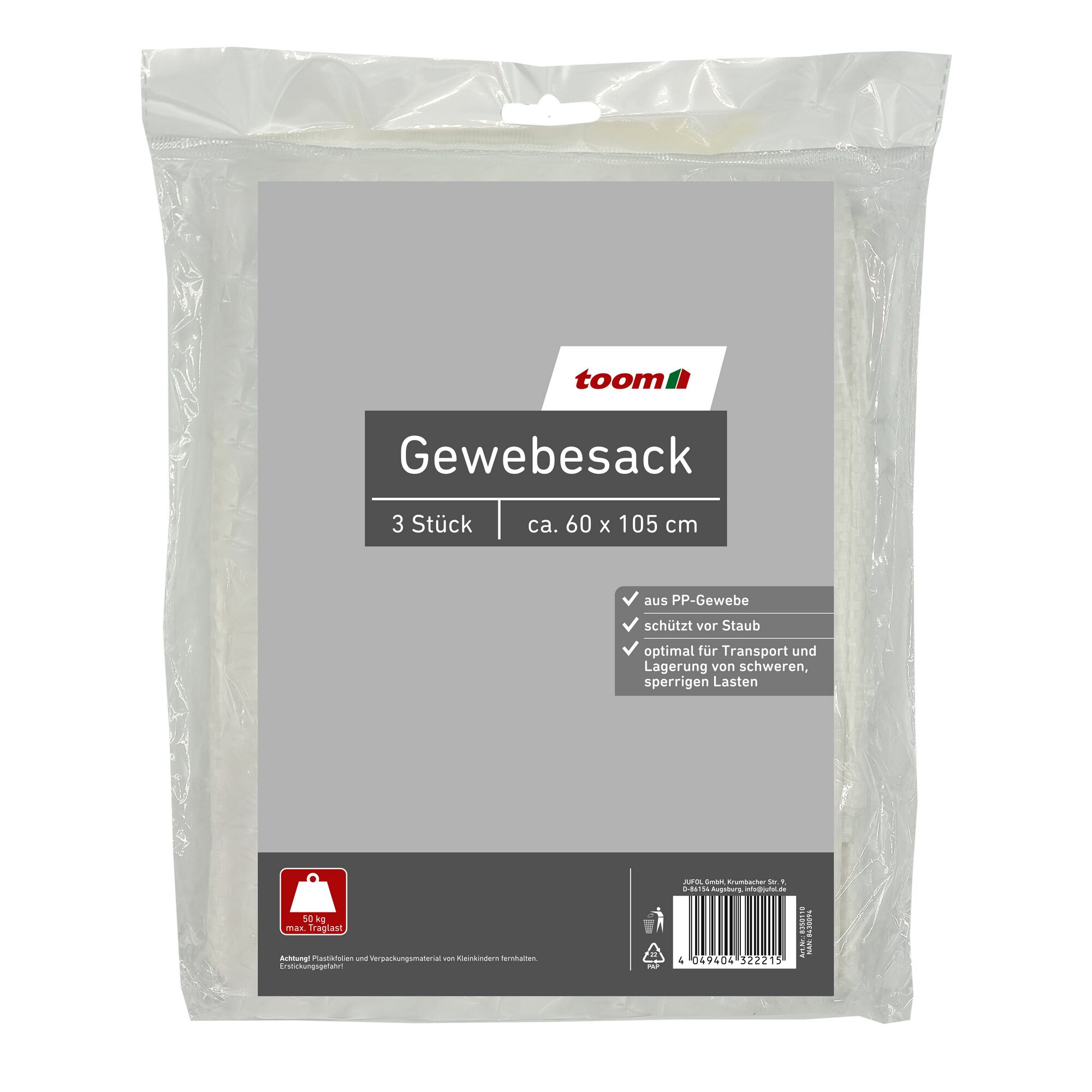 toom Gewebesack, 3 Stück, ca. 60 x 105 cm