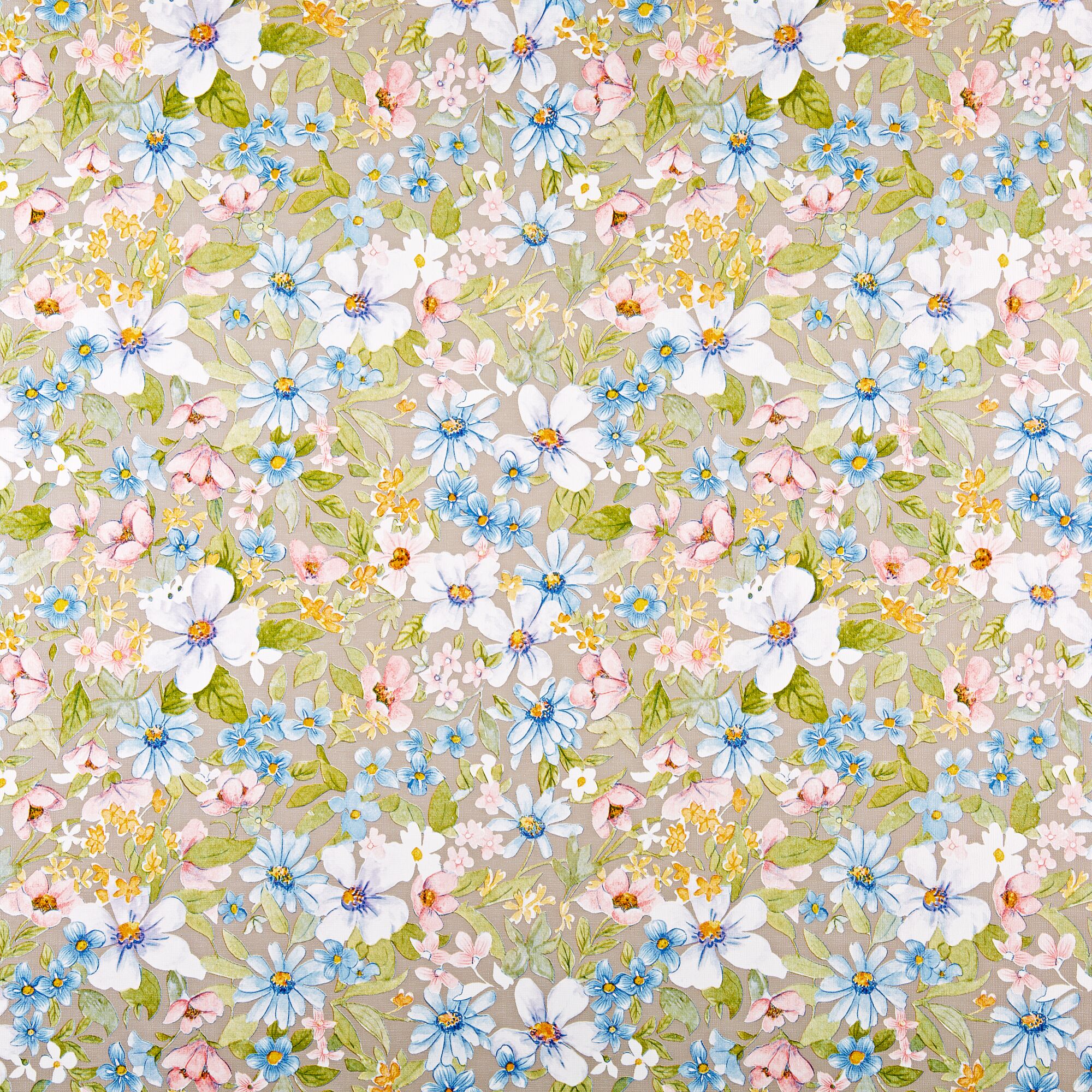 Blumenmuster in blau, rosa, weiß und gelb auf beigem Hintergrund