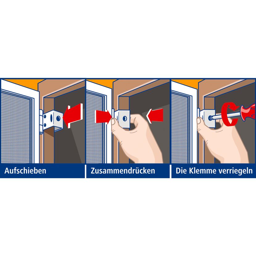 Montage einer Fliegengitter-Tür: Aufschieben, Zusammendrücken, Verriegeln mit einem Schraubenzieher.