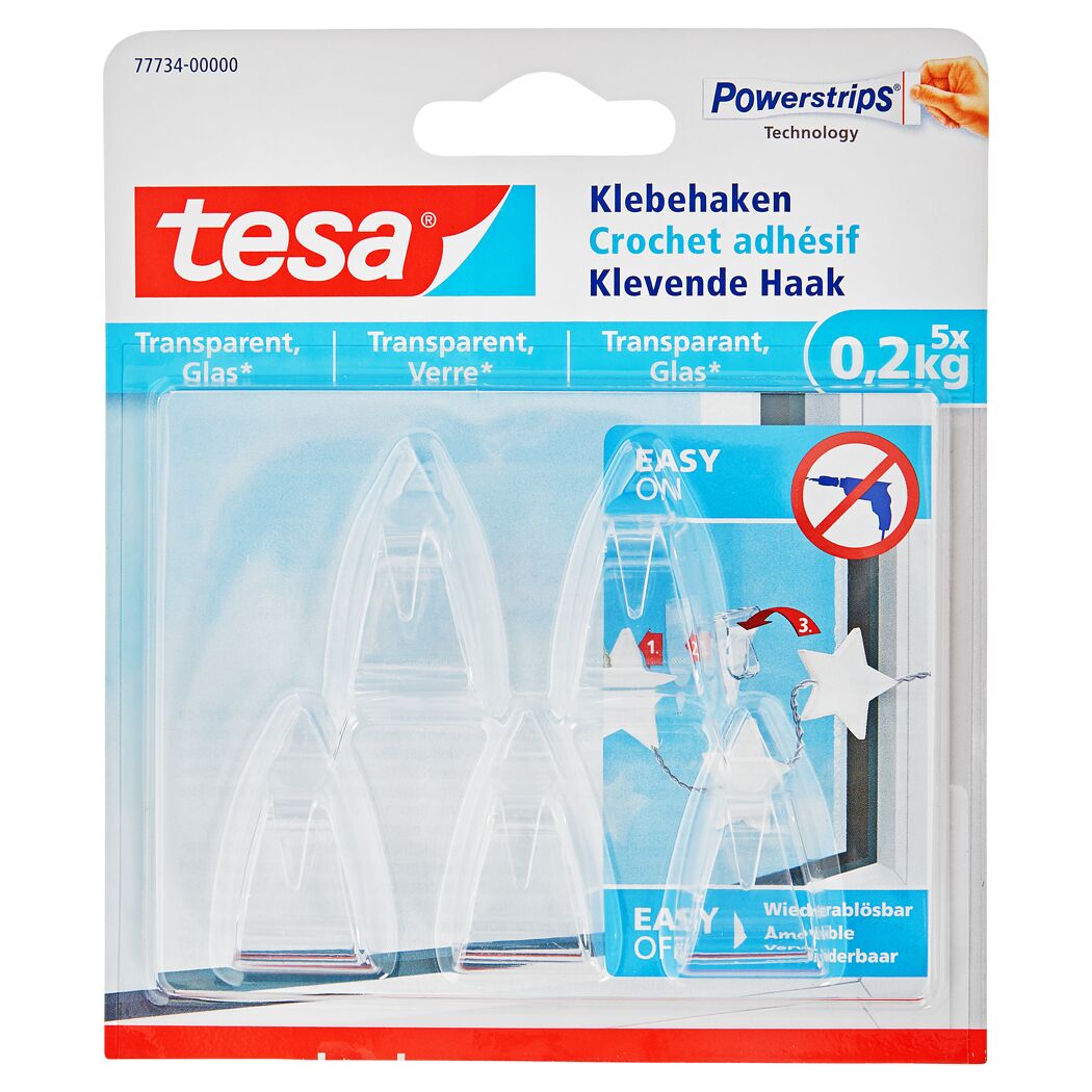 Fünf transparente Tesa Klebehaken