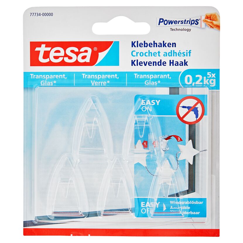 Fünf transparente Tesa Klebehaken