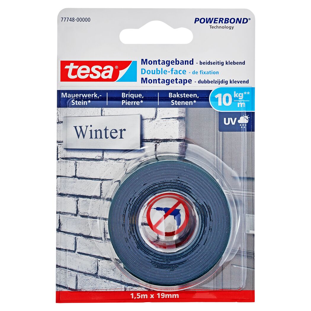 Tesa Montageband Winter für Mauerwerk, Stein, 1,5m x 19mm, 10kg/m