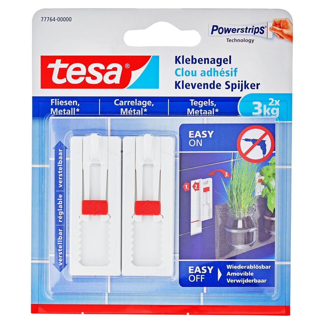 Tesa Klebenagel verstellbar für Fliesen und Metall, 2 Stück, 3 kg