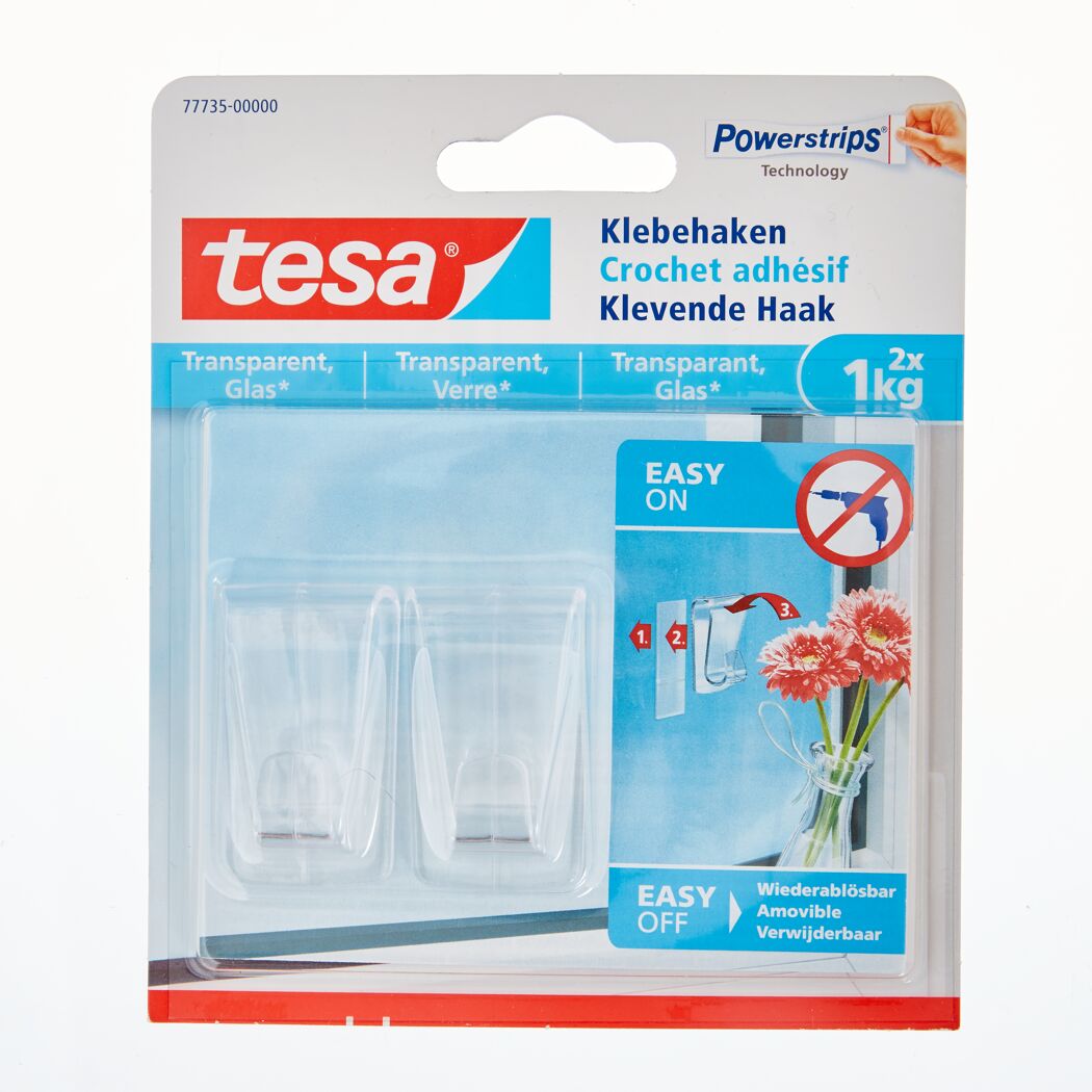 Zwei transparente Tesa Klebehaken an Blisterverpackung