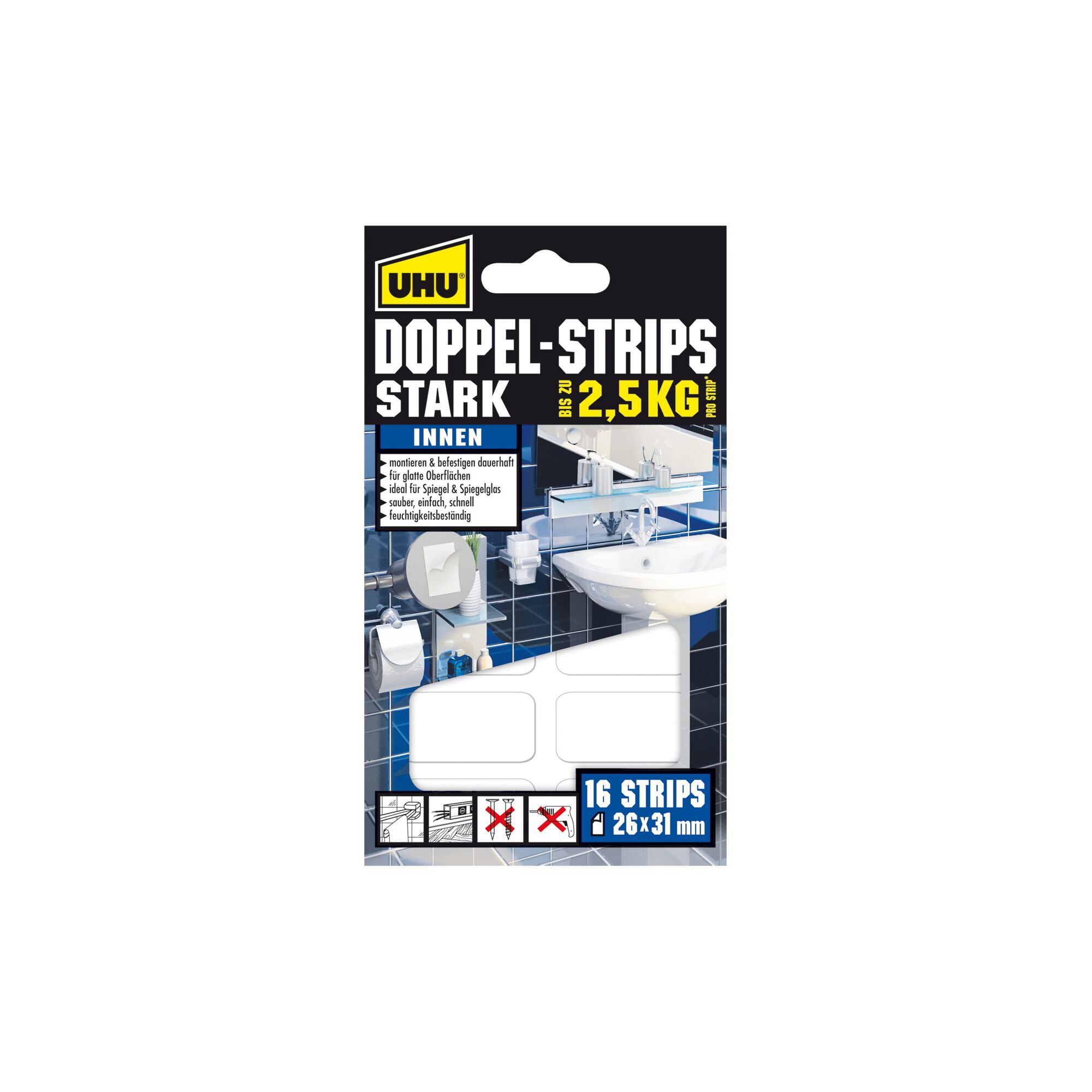 UHU Doppel-Strips stark, 16 Stück, 2,5 kg, 26 x 31 mm